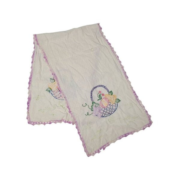 Embroidered Table Runner Small Vintage Linen Fruit Basket 36 Inch Edge Handmade - Picture 1 of 7